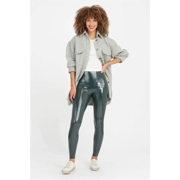 SPANX | Dark Green Patent Leather Style Shapewear Leggings Women’s Size Small - Picture 1 of 12